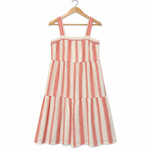 LOFT Sundress Womens Size PM Coral Stripe Tiered Midi Lined Cotton Blend NWT